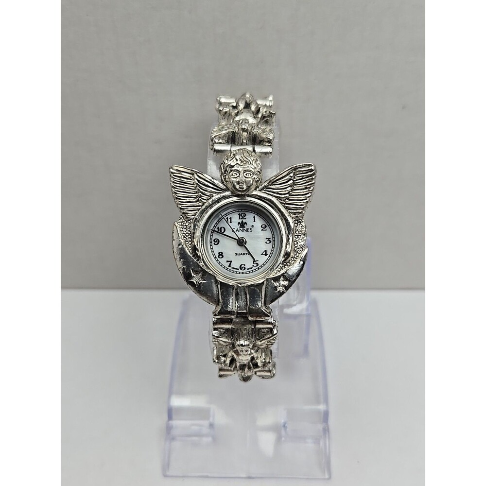 Cannes Angel Cherub Bracelet Watch Silver Tone Womens Quartz Vintage New Battery